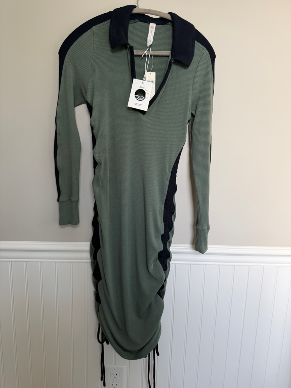 Anthropology Bodycom Long sleeve Olive  Green Ribbed Polo Dress with Black Trim